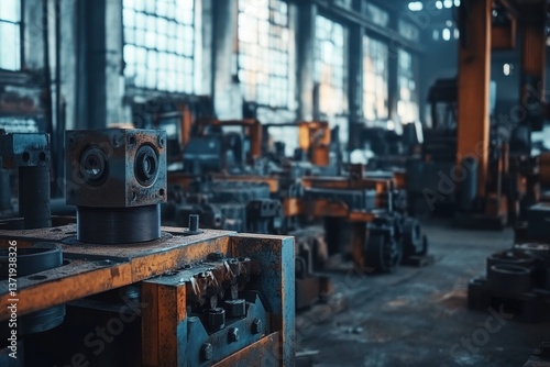 A rusty machine part sits in a cluttered, aged industrial manufacturing plant. Show the gritty reality of factory life, and fading manufacturing prowess.