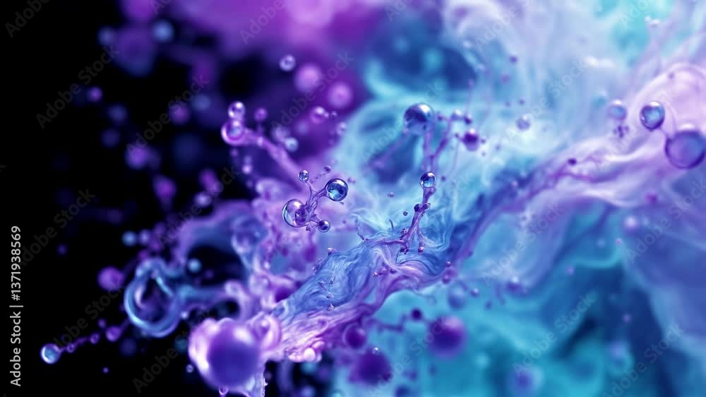 Abstract liquid splash animation in vibrant purple, blue, and cyan colors against a dark background. Dynamic 3D fluid simulation with swirling motion and glowing ethereal effect.