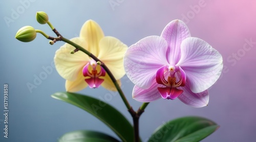 Delicate pastel orchids in full bloom, showcasing vibrant petals and subtle color variations, with emerging buds hinting at future blossoms, creating a serene and elegant floral display.