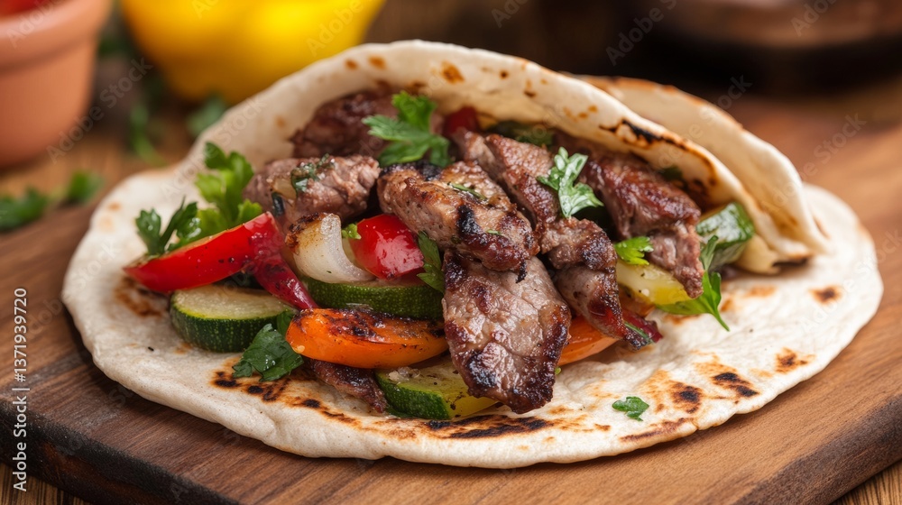 Doner kebab, Shawarma in grilled pita bread with vegetables and meat. Gray background. Top view. Doner kebab, Shawarma in grilled pita bread with vegetables and meat. Gray background. Top view.