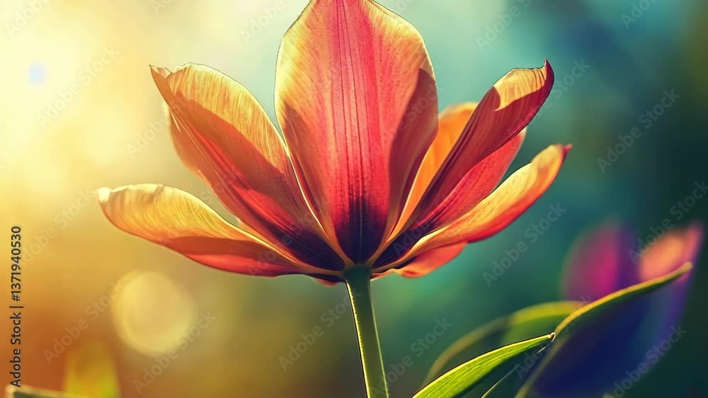 Vibrant red flower blooms against a colorful background during golden hour in a garden