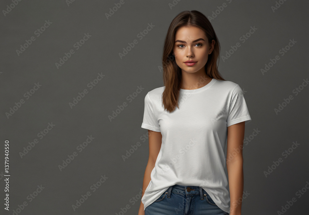 Portrait of Simplicity and Style mock up women's fashion plain white t-shirt Portrait of Simplicity and Style mock up women's fashion plain white t-shirt