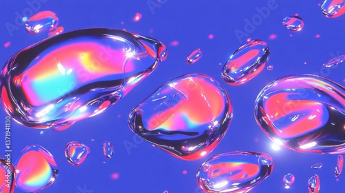 Holographic bubbles float against a vibrant blue and pink background