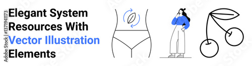 Body with arrow indicating motion, thoughtful woman holding face, cherry sketch outline. Ideal for health, wellness, nutrition, mindfulness, minimalism, lifestyle blogs flat landing page banner