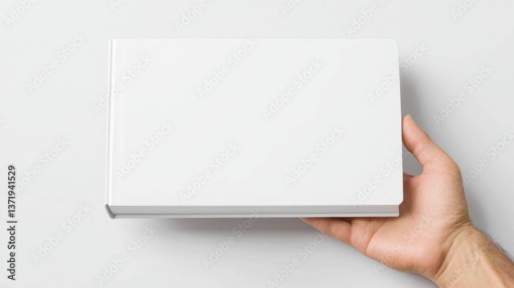 Obraz premium Elegant hardcover book mockup, showcased in a floating position, features a pristine white backdrop, angled view, and subtle shadows enhancing its three-dimensional effect.