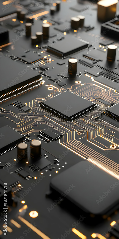 Close Up Black Circuit Board with Golden Lines Close Up Black Circuit Board with Golden Lines