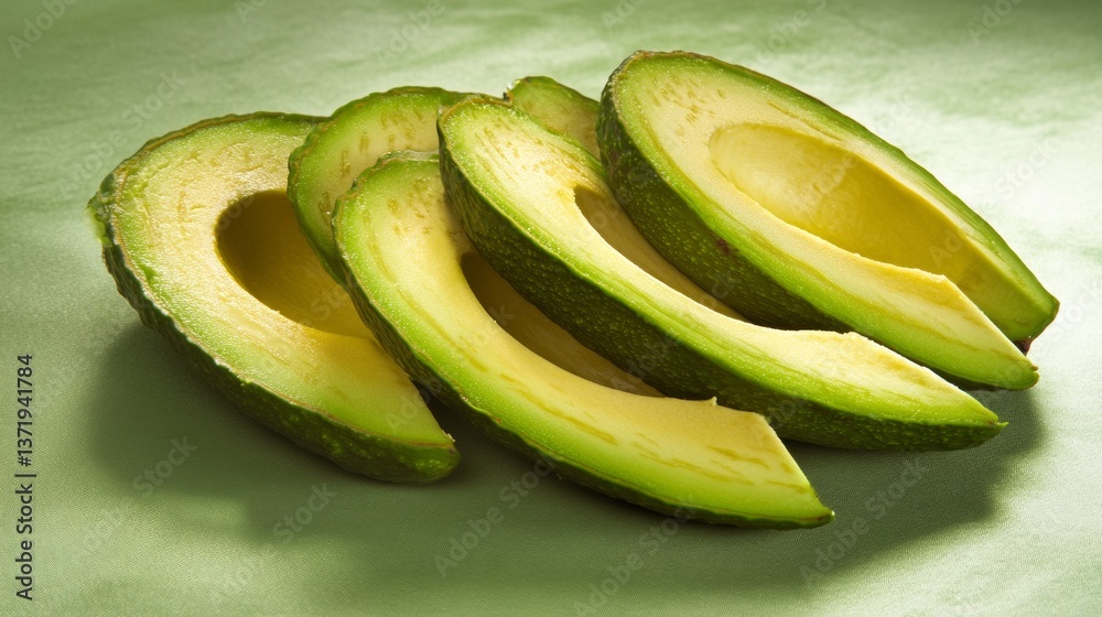 Ripe avocado sliced isolated on a green background, copy space