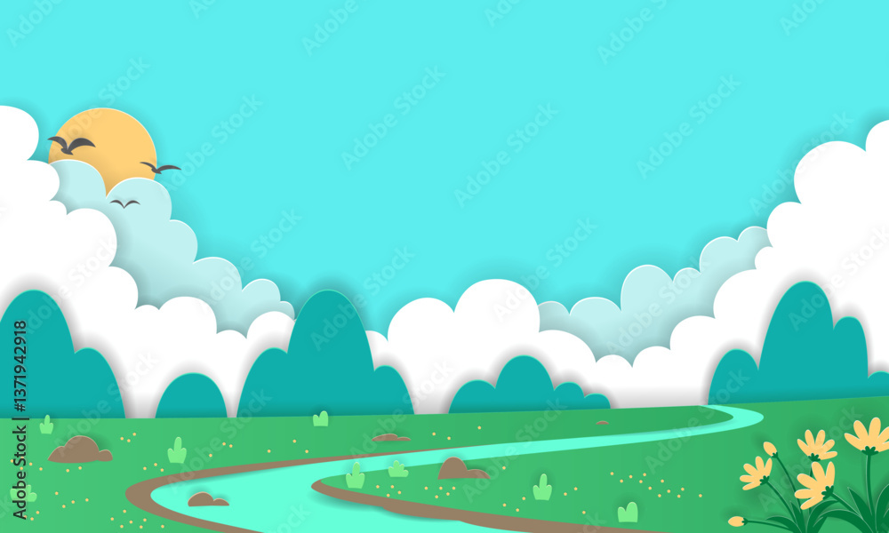 Fototapeta premium Paper-cut art style natural scenery paintings