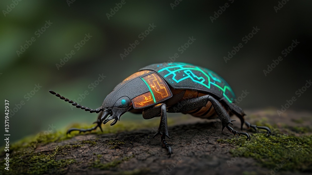 Colorful beetle on moss-covered log Colorful beetle on moss-covered log