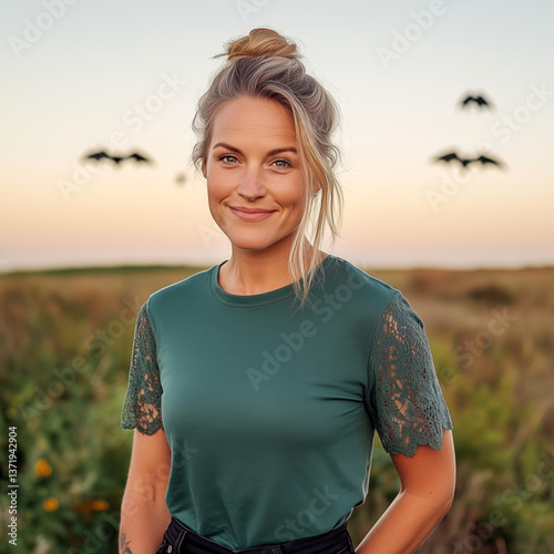 Women's calypso blue shirt with lace sleeves mockup, blank template for Halloween, Thanksgiving designs. Lady in elegant tee standing in field, silhouettes of flying bats against sunset sky