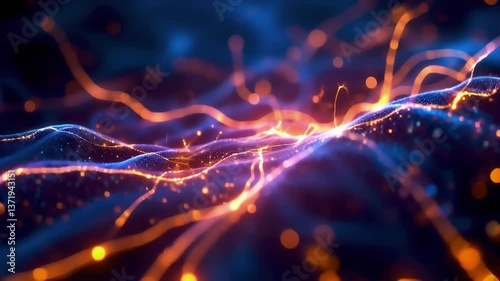 Digital data network visualization, glowing orange and blue light streaks moving across waves. Abstract technology background with flowing energy particles.
