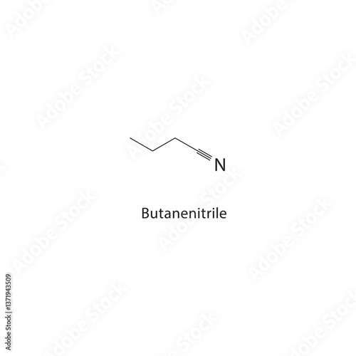 Butanenitrile skeletal structure. Nitrile compound schematic illustration. Simple diagram, chemical formula.