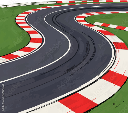 illustration A close-up view of a race track bend featuring tire marks and red and white striped roadside markings.