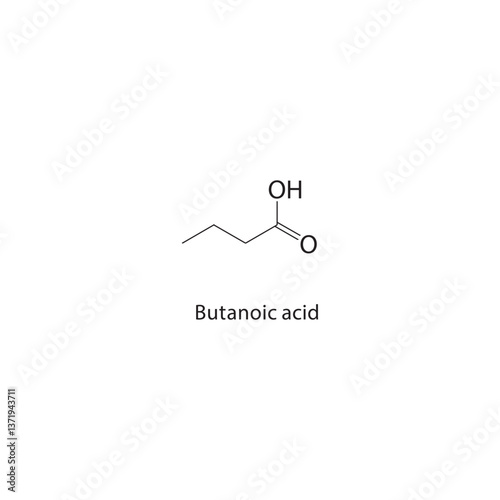 Butanoic acid skeletal structure. Carboxylic Acid compound schematic illustration. Simple diagram, chemical formula.