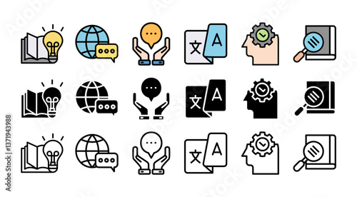 TRANSLATION icon set with multiple style dictionary, interpretation, translator, communication, language, and knowledge 
