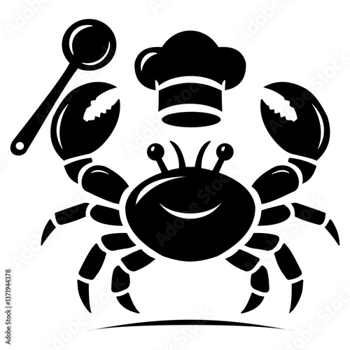 A creative black-and-white vector design of a crab wearing a chef's hat, with one claw holding a spoon. This playful yet professional illustration combines culinary and seafood themes, photo