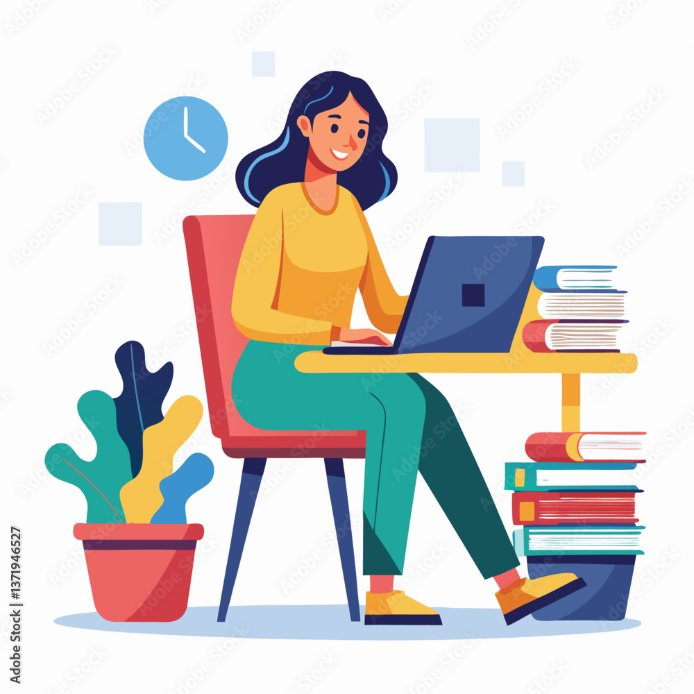 a woman is using his laptop sitting on a chair looking in the laptop colourful vector on a white background a woman is using his laptop sitting on a chair looking in the laptop colourful vector on a white background