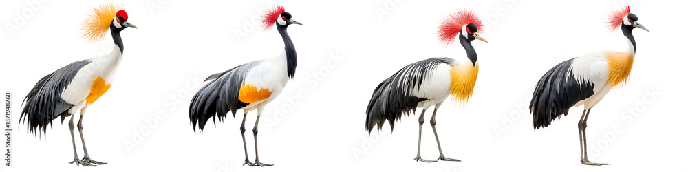 A group of elegant exotic cranes with vibrant colorful feather plumage standing in a natural outdoor setting A group of elegant exotic cranes with vibrant colorful feather plumage standing in a natural outdoor setting