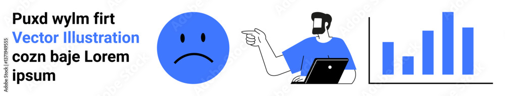 Fototapeta premium Man with beard using a laptop, pointing at a sad face icon and bar graph. Ideal for analytics, feedback, performance, dissatisfaction metrics, data analysis, education, flat landing page banner