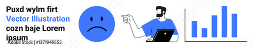 Man with beard using a laptop, pointing at a sad face icon and bar graph. Ideal for analytics, feedback, performance, dissatisfaction metrics, data analysis, education, flat landing page banner