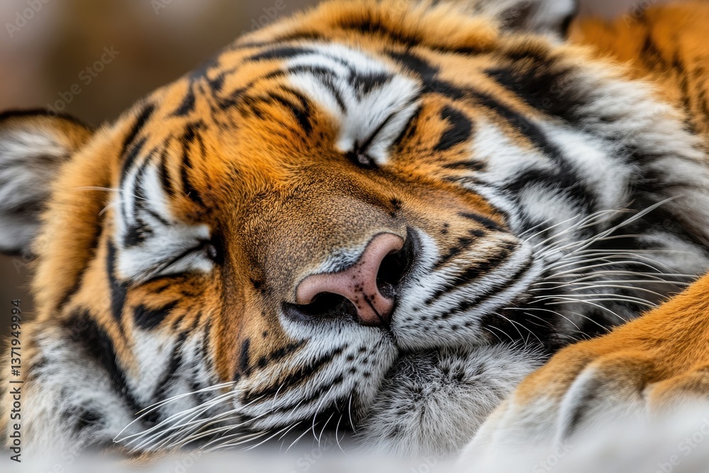 Fototapeta premium Calm tiger lying peacefully with focused eyes against a white background in close-up portrait.