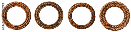 Set of four woven twine or rope circular frames with a rustic handmade and natural appearance photo