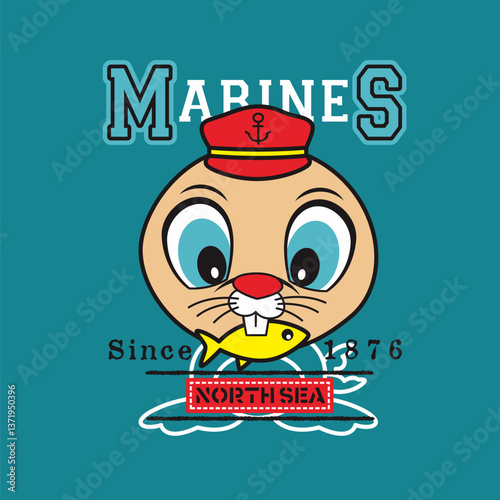 funny walrus cartoon with fish, Animal Nature, isolated Flat Vector Illustration