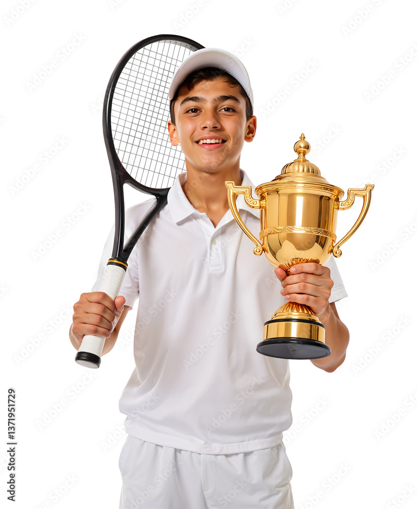 Happy Hispanic Boy Holding Gold Trophy and Tennis Racket, Isolated