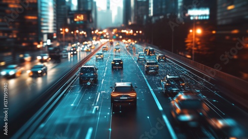 Fototapeta Naklejka Na Ścianę i Meble -  Autonomous vehicle navigating through a smart city during rush hour, high-tech cityscape with autonomous cars and smart traffic systems, High-tech style