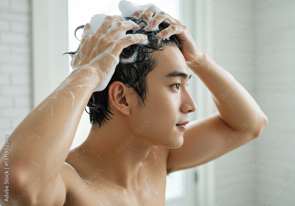 Naklejka premium 若い男性のヘアケア・シャンプー・美容・メンズビューティー ・洗髪