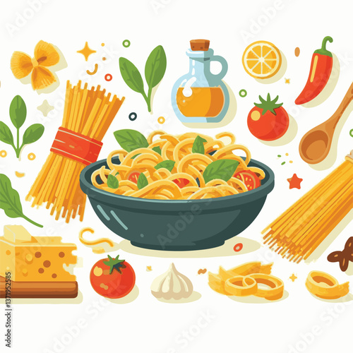 food, pasta, meal, italian, dinner, spaghetti, gourmet, restaurant, tasty, cooking, dish, vector, lunch, plate, menu, background, delicious, cuisine, macaroni, healthy, kitchen, illustration, sauce, f