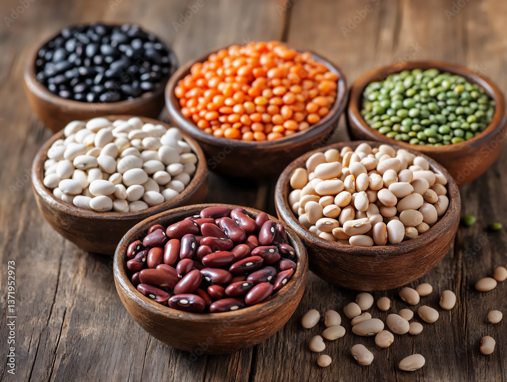 rustic ingredients for a bean dish, small bowls with different types of beans (black beans, white beans, red kidney beans, lentils) on a wooden table, rustic ingredients for a bean dish, small bowls with different types of beans (black beans, white beans, red kidney beans, lentils) on a wooden table,