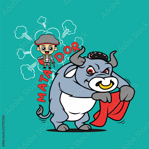 cute buffalo matador, Animal Nature, isolated Flat Vector Illustration