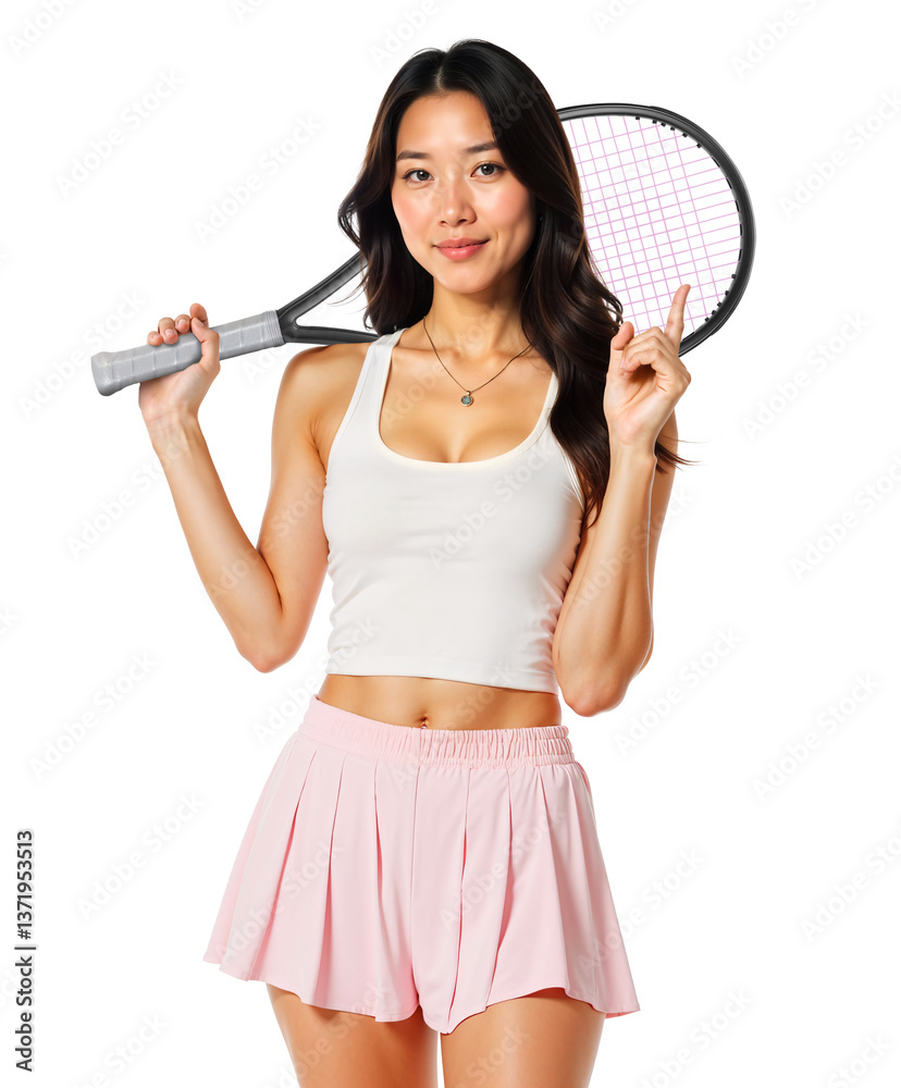 Asian Female Tennis Player in Pink Skirt Holding Racket, Isolated