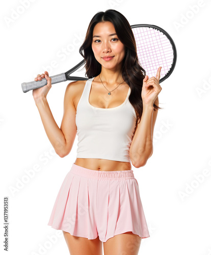Obraz na płótnie Asian Female Tennis Player in Pink Skirt Holding Racket, Isolated w salonie