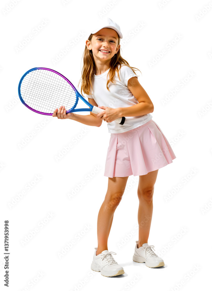 Young Girl in Tennis Skirt Holding Racket Cheerfully, Isolated Background