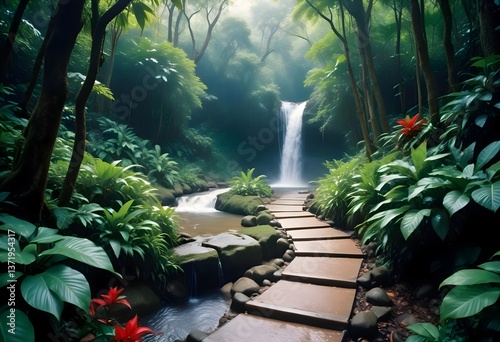 Scenic Nature Pathway Leading to a Breathtaking Waterfall