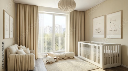 Neutral toned nursery showcasing crib sofa and artwork near window