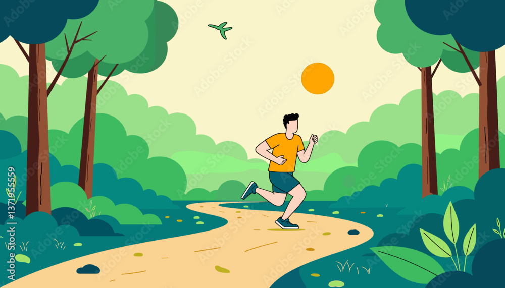 Determined runner jogging on forest trail, fresh energy