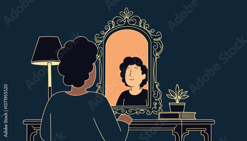 Contemplative individual gazing in antique mirror, reflections of the past