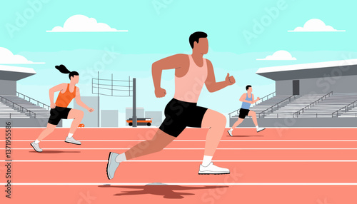 Athletic runners sprinting on track in outdoor stadium, competitive spirit