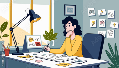 Creative person sketching thoughtfully in modern workspace, inspiration