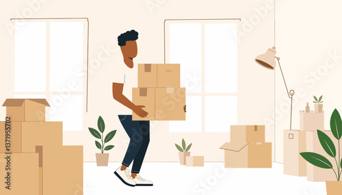Determined young adult moving boxes in bright apartment, new beginnings