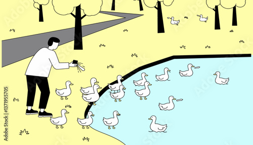 Person feeding ducks by a pond in urban park, peaceful interaction