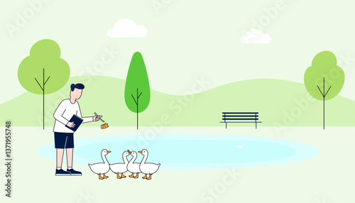 Person feeding ducks by tranquil pond in park, serene interaction