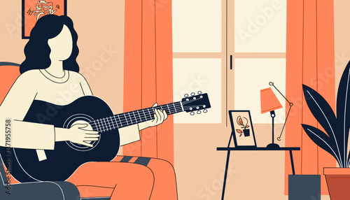 Person playing guitar in cozy living room, Music is life
