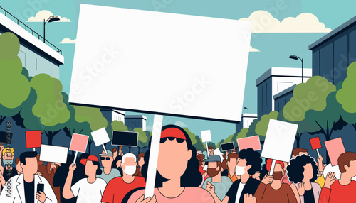 Determined protestor holding a sign in urban crowd, social activism