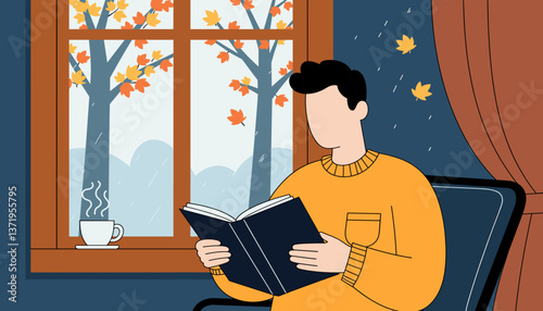 Young man reading book by window with autumn leaves, cozy atmosphere