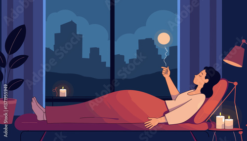 Tranquil individual enjoying aromatherapy candles indoors at dusk, relaxation