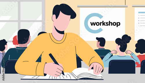 Focused individual taking notes at workshop, productive learning atmosphere